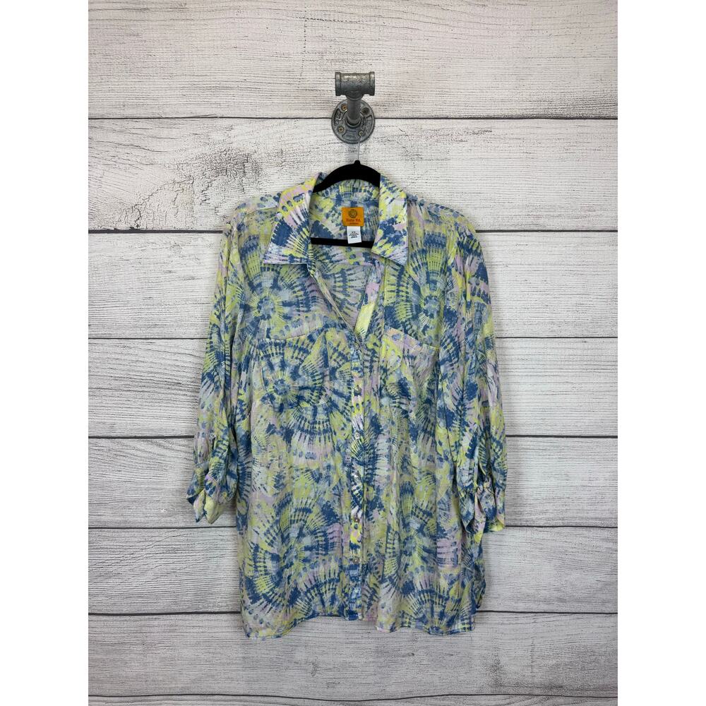Ruby Rd. Plus Size Green Blue Tie Dye Print Button Up Top Size 2X